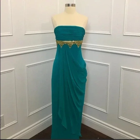 Marchesa Teal Strapless pleated and draped silk Dress with Gold beaded accent. - Picture 2 of 13